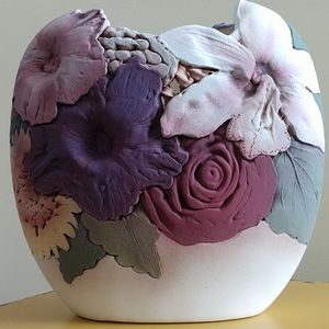 John Davis Hand Sculpted Vase Clay Floral Hand Crafted Signed Concord Garden 8"